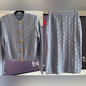 Two-Piece Set! High-quality Blue Labyrinth Cable Knit Cardigan and Skirt Set